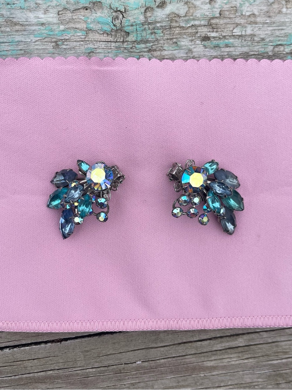 Vintage Crystal Cluster Clip-On Earrings - Blue Green Aurora